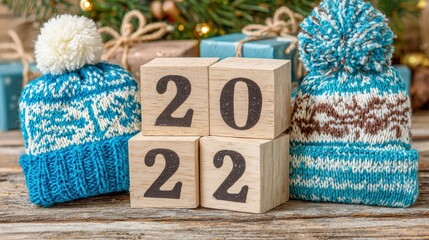 Wooden calendar blocks displaying the year twenty twenty two placed between two winter knit hats