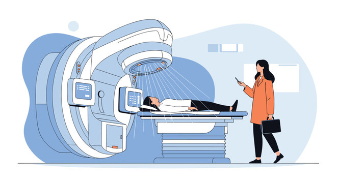 Patient undergoing cancer treatment with a linear accelerator machine for radiation therapy, supervised by a female doctor. Modern medical technology and oncology vector illustration.