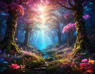 Fototapeta premium Magical forest stream sunlight trees