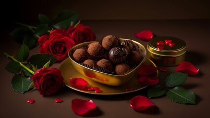 Romantic still life of heart shaped box of chocolates and red roses