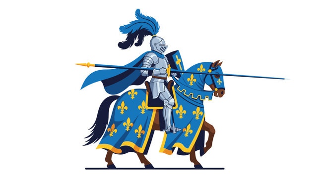 Medieval knight in full blue and silver armor with a feathered helmet, holding a lance and shield, riding a horse with matching barding. Historical vector illustration.