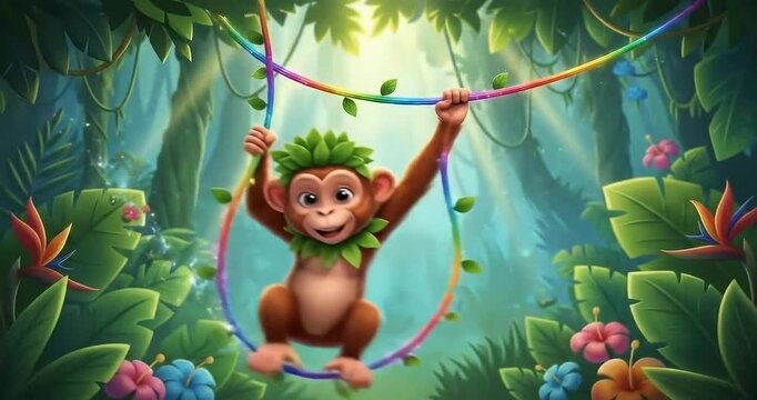 Playful monkey swinging joyfully on a vine amidst lush tropical jungle foliage and vibrant flowers