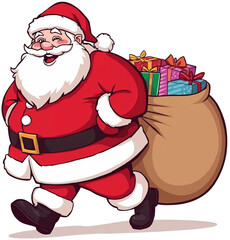 Fat Santa Claus carrying a bag of presents. transparent background.