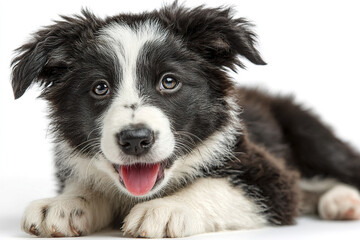 Fototapeta premium Border Collie puppy lying down with tongue out and happy expression isolated on white background, showing soft fur and bright eyes in close up portrait