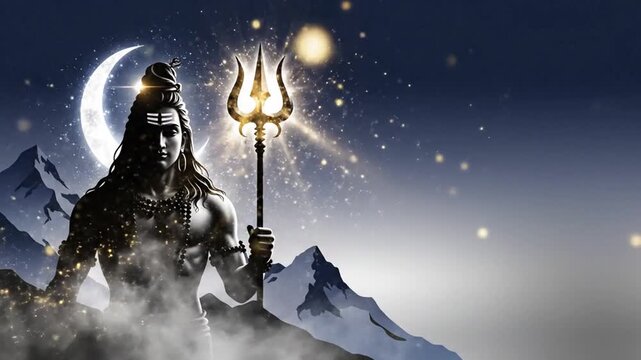 Lord Shiv, divine depiction of Lord Shiva silhouette with glowing trident (Trishula), gentle Himalayan mist drifting