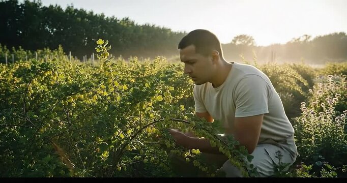 Person tending to vibrant yellow flowers in a sunlit field during early morning hours
