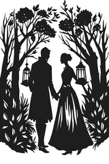 Elegant couple holding hands in a romantic forest silhouette with hanging lanterns