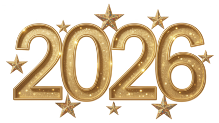 Golden 2026 numbers with stars isolated on transparent background