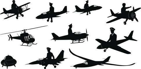 Vector silhouette collection of pilots and various aircraft including jets, helicopters, and biplanes, symbolizing aviation history, flight, and transportation concepts. © Rima
