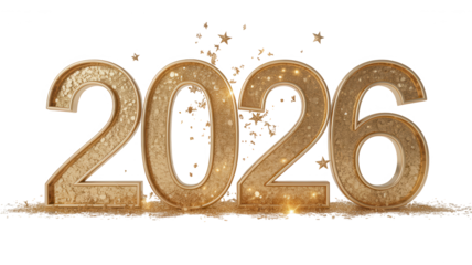 Golden 2026 numbers with sparkles isolated on transparent background
