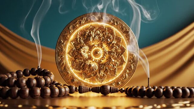Losar New Year, turquoise to warm gold gradient, glowing mandala wheel, prayer beads, subtle incense smoke trails