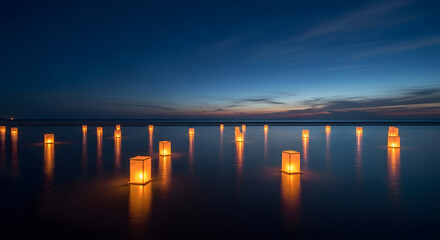 Array of glowing paper lanterns floating on dark water at twilight under a starry sky.