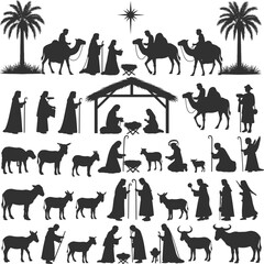 Nativity scene silhouettes with camels shepherds and animals