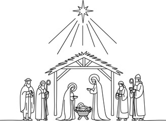 Nativity scene with star and figures in simple line art
