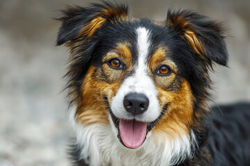 Cheerful dog looking directly at camera with warm brown eyes and bright expression, showing its tongue and fluffy fur in natural light