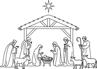 Nativity scene with star stable and animals christmas