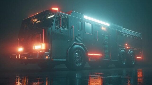 A Dramatic Cinematic Portrait of a High-Tech Futuristic Fire Engine Truck Surrounded by Intense Atmosphere, Bold Lighting, and Sci-Fi Design Elements Showcasing Power, Innovation, and Heroic Presence