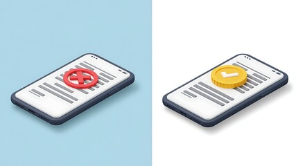 Approval and rejection concept illustrated with smartphone and coins graphics