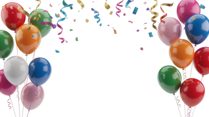 Colorful balloons and confetti celebration isolated on transparent background