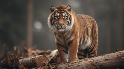 wildlife photo, a Sumatran tiger standing on top of large cut timber logs from illegal logging, freshly cut wood surfaces, strong environmental destruction 