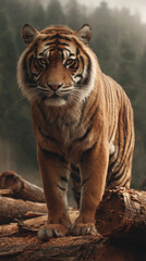 wildlife photo, a Sumatran tiger standing on top of large cut timber logs from illegal logging, freshly cut wood surfaces, strong environmental destruction 