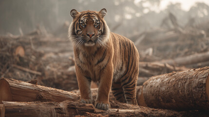 wildlife photo, a Sumatran tiger standing on top of large cut timber logs from illegal logging, freshly cut wood surfaces, strong environmental destruction 