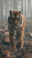 wildlife photo, a Sumatran tiger standing on top of large cut timber logs from illegal logging, freshly cut wood surfaces, strong environmental destruction 