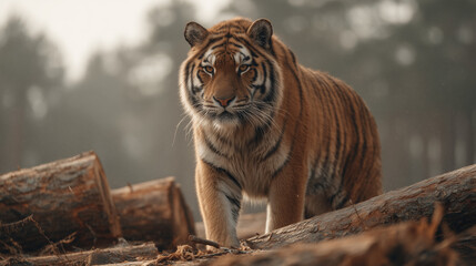 wildlife photo, a Sumatran tiger standing on top of large cut timber logs from illegal logging, freshly cut wood surfaces, strong environmental destruction 