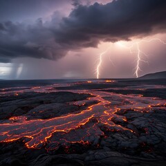 Dramatic Volcanic Landscape - Lightning Strikes Over Molten Lava Flow.