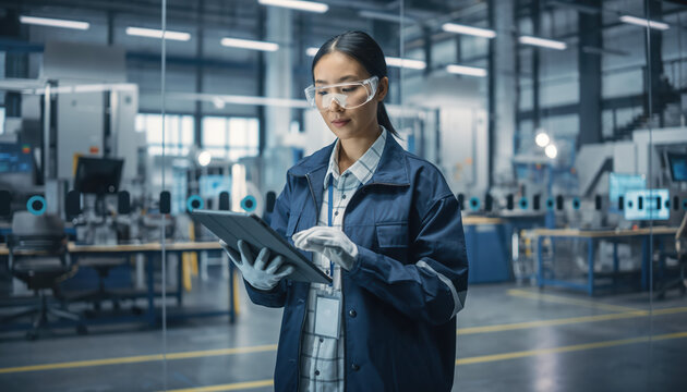 Asian Female Engineer Using Tablet in Factory for Quality Control. - Powered by Adobe