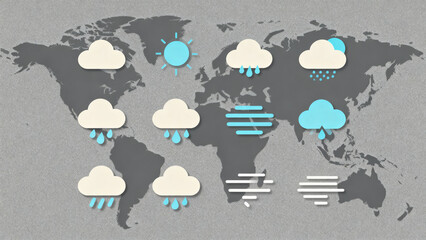 Dynamic global weather forecast icons showing sun rain and wind patterns overlaid on a textured world map background