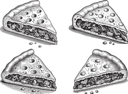 Croatian Soparnik Chard Pie Triangle Slice Vintage Engraved Savory Pastry Icon Set with Rustic Layered Filling Texture