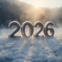 Luxury 2026 typography emerges from frozen mist, illuminated by sunlight glow.