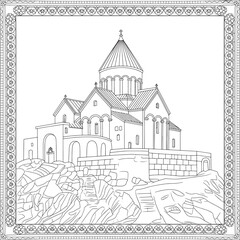 Naklejka premium Ancient monastery on hill line art for coloring page