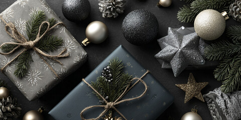 Christmas gift box with natural pine decoration and rustic twine bow, surrounded by glittery baubles and star ornaments creating cozy festive atmosphere