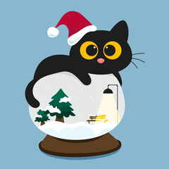 Cute black cat wearing red Santa hat lying on top of snowball with winter park scene flat design style