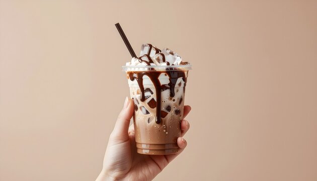 Iced coffee with chocolate syrup and whipped cream held in hand