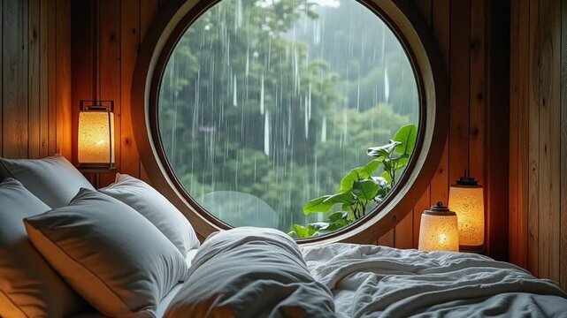 Cozy cabin bedroom with round window overlooking forest