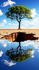 Green Tree of Life Reflected in Water on a Cracked Earth Landscape