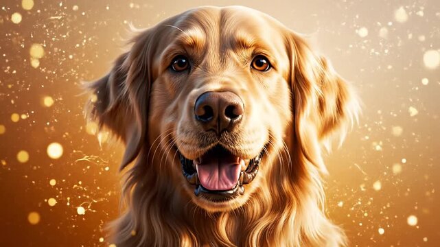 National Golden Retriever Day festive, close-up of smiling golden retriever with shiny eyes, gentle fur shimmer, floating light particles