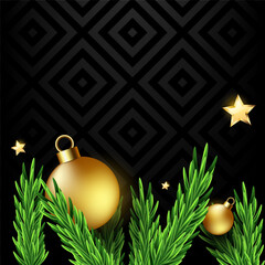 Luxury Christmas background with gold baubles and pine branches on dark geometric pattern
