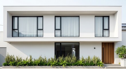 Modern White House Exterior with Large Windows and Greenery.