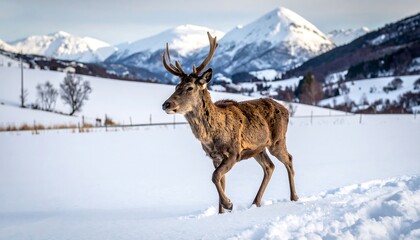 Stag in snow-covered field, majestic mountains in the background