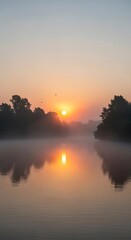 Sunrise Over Misty River with Silhouetted Trees.