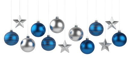 Hanging blue and silver christmas ornaments and stars isolated on transparent background