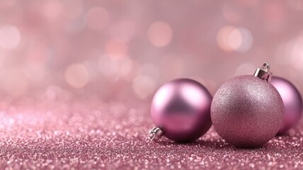 Fototapeta premium Rustic brown and tan cowboy boots with matching western hat arranged beside shiny pink christmas ornaments on a glittering pink abstract background, festive winter holiday decor scene symbolizing the 