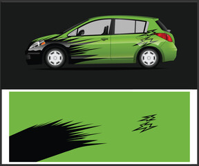 Green hatchback car with black graphic wrap design for vehicle customization