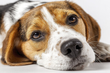 Dog resting with head on floor isolated on white background, showing calm and gentle expression with brown eyes and tricolor fur pattern
