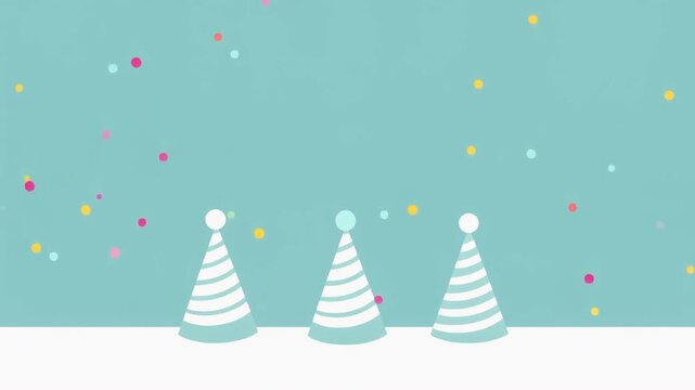A vibrant illustration depicts three minimalist party hats against a serene teal background, showered with colorful confetti, evoking a cheerful celebratory atmosphere.