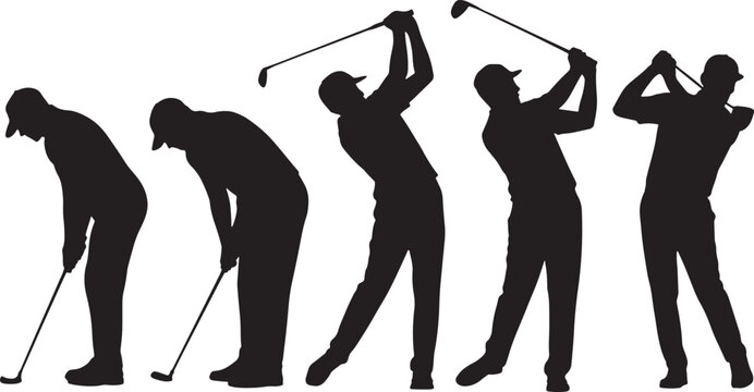 Golf player swing motion sequence silhouette isolated